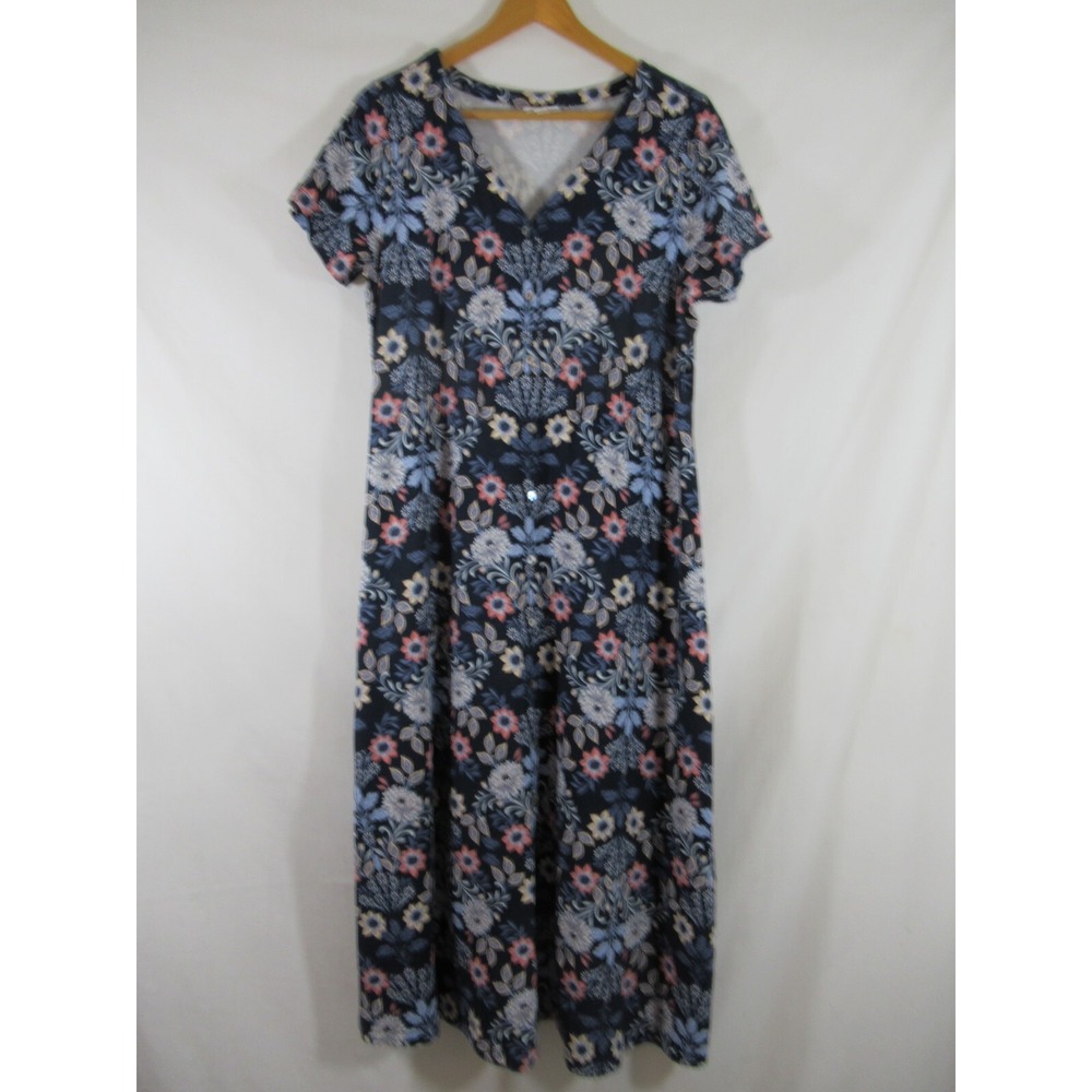 J Jill Maxi Dress Women Petite PL Blue Short Sleeve Floral Print V-neck